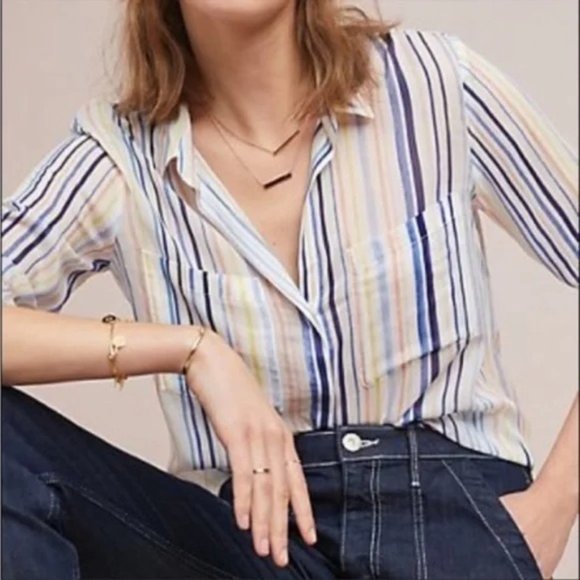 cloth & stone Tops - Cloth & Stone Anthropologie Rainbow Striped White Button Down Shirt Sz M